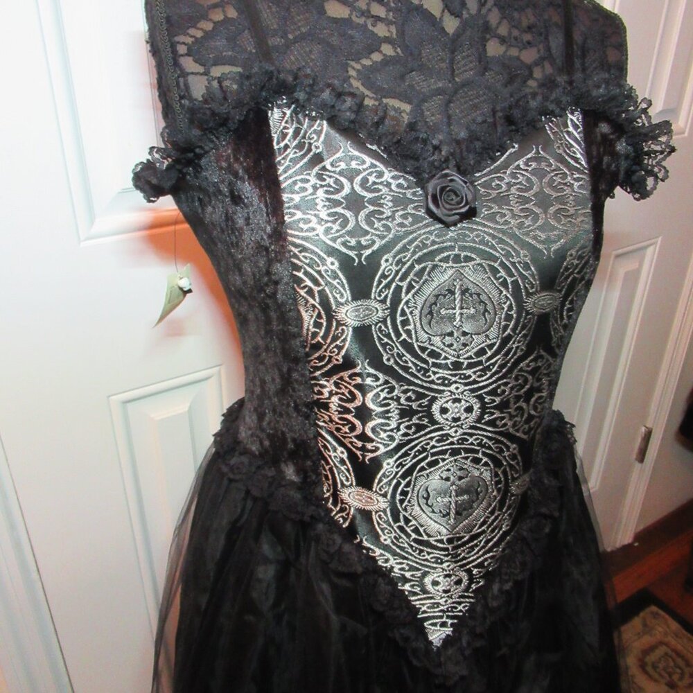 NWT Eternal Pewter Brocade Black Velvet Maxi Goth Gown Sacred Heart Party Dress